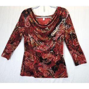 Dressbarn Paisley Burnout Velvet Tunic Top Womens M Cowl Neck Red Black Romantic